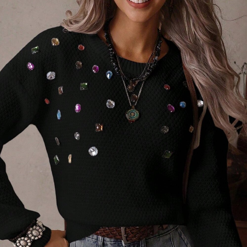 Black Casual Women's Western Style Rhinestone Pullover Sweater